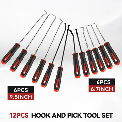 12 Piece Automotive Pick And Hook Tool Set For Mechanics, All In One Oil Seal Removal Kit With 4 Flat Hooks And 8 Precision Picks, Ideal For O Rings, Oil Seals, Gaskets, Hoses, And Seal Replacement, 6.7 and 9.5 inch