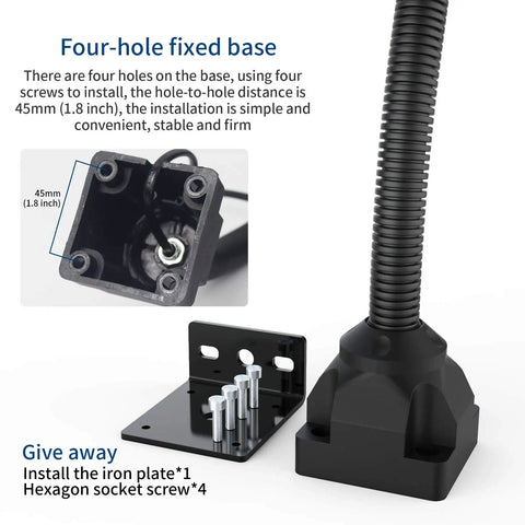 Close-up of built tough LED work light with flexible gooseneck, showing four-hole fixed base and mounting screws, IP65 waterproof.