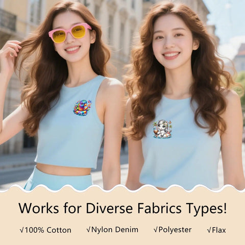 Two women wearing Beach Themed Iron On Transfers Bundle 36 Sheets Ready To Press DTF Vinyl Decals on blue tops