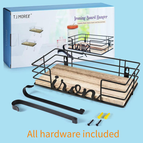 Space Saving Laundry Room Hanger Wall Mount For Iron And Ironing Board With Metal Frame And Large Wooden Base Basket For Iron Starch And Spray Bottle Removable Hooks Black Finish with included hardware displayed on a blue background.