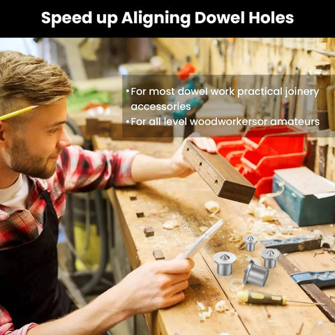 Woodworker using 20 Piece Dowel And Tenon Center Transfer Plugs Set For Woodworking in a workshop, tool kit visible on bench.