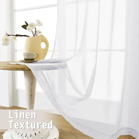 Airy Sheer Door Curtain Panel 25 By 72 Inches White Linen Look Voile with Rod Pocket flowing near table decor