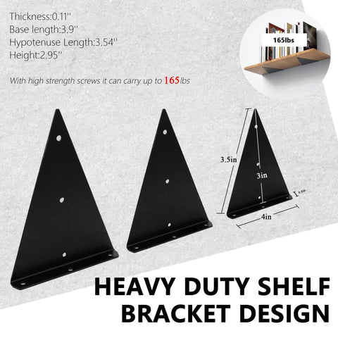 Four Pack Floating Shelf Brackets 4x3 Inch Hidden Triangle Design with measurements and weight capacity details, heavy duty