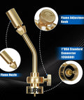 Solid Brass Pencil Flame Gas Welding Torch Head Nozzle, Beefed Up Full Metal Version For Precise Soldering And Heatwork, Durable Brass Construction For MAPP MAP Pro Propane CGA600 Cylinders, Torch Only, showing full product view with flame adjustment knob and connector details.