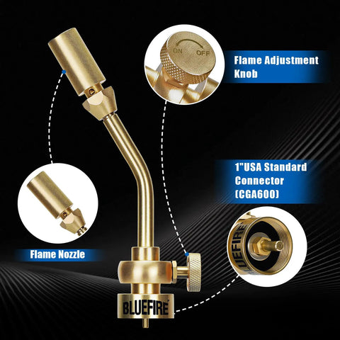 Solid Brass Pencil Flame Gas Welding Torch Head Nozzle, Beefed Up Full Metal Version For Precise Soldering And Heatwork, Durable Brass Construction For MAPP MAP Pro Propane CGA600 Cylinders, Torch Only, showing full product view with flame adjustment knob and connector details.