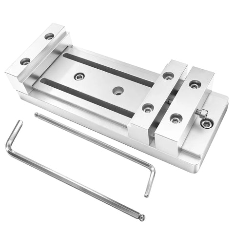 Compact Low Profile Bench Vise Work Table Clamp for Desktop CNC Routers shown with aluminum base and adjustment tools