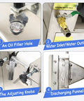 Heavy Duty 110V Triple Roll Mill Grinder With Zirconia Ceramic Rolls And Stainless Steel Tray showing oil filler, water inlet, adjusting knobs, and discharging funnel.