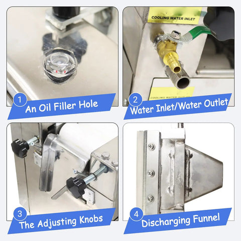 Heavy Duty 110V Triple Roll Mill Grinder With Zirconia Ceramic Rolls And Stainless Steel Tray showing oil filler, water inlet, adjusting knobs, and discharging funnel.