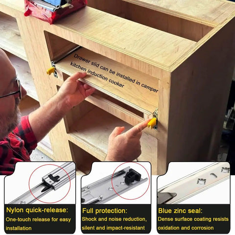 Man installing Undermount Drawer Slides One Pair 34 Inch Full Extension Ball Bearing Rails Quiet Side Mount Locking Glides