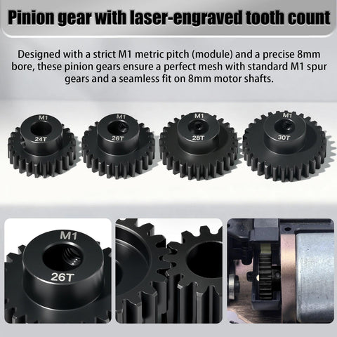 8Mm Steel Pinion Gear Set 24T 26T 28T 30T With Laser Engraved Tooth Count For 1/5 X-Maxx RC Cars Buggies And Trucks Beefed-Up Upgrade Mod 1 Gear That Works Great With Brushed And Brushless Motors 4 Pcs