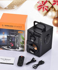 Outdoor Party Ready Portable Bluetooth Speaker With Subwoofer And Deep Bass, 11W Three-Driver System with packaging and accessories