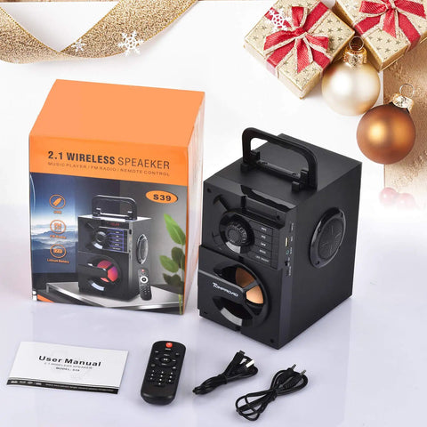 Outdoor Party Ready Portable Bluetooth Speaker With Subwoofer And Deep Bass, 11W Three-Driver System with packaging and accessories