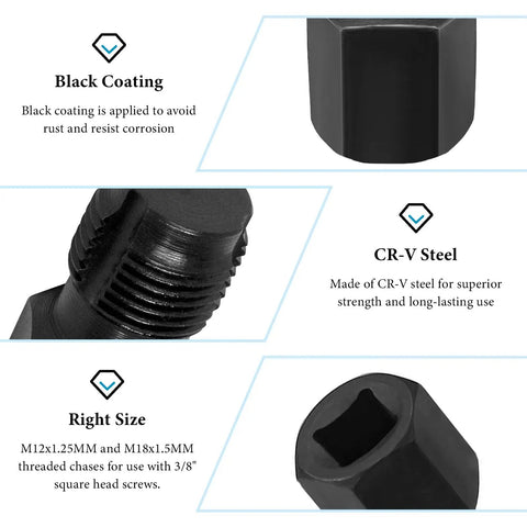O2 Sensor Thread Repair Kit With M18 X 1.5 And M12 X 1.25 Adapters, black coated CR-V steel, three eighths inch drive