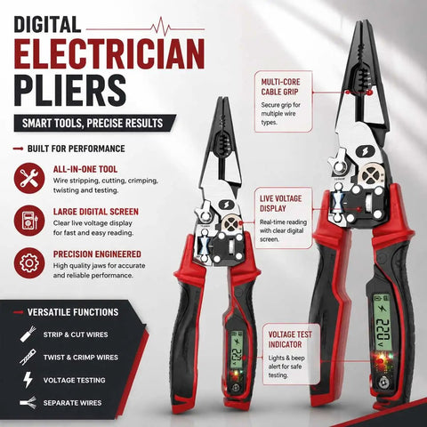 4-In-1 Wire Stripping And Testing Pliers With LED Digital Voltage Tester, 12-250V Multi-Function Electrical Tool For Stripping, Cutting, Crimping, And Wire Testing, Pro-Grade Hand Tool For Electricians And DIYers, Red, close-up