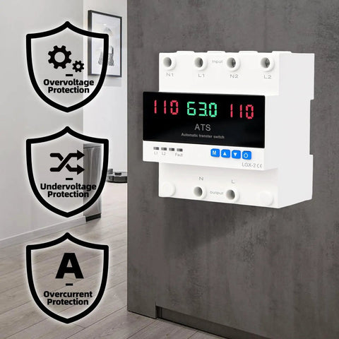 63A 2P Dual Power Automatic Transfer Switch For Generator And Backup Power With LED Display 110V 50 Hz And 60 Hz Adjustable Auto Manual Switching For Reliable Power Transfer. front view