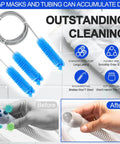 All In One CPAP Cleaning Kit With Cleaner And Hose Brush showing before and after cleaning results with blue brushes