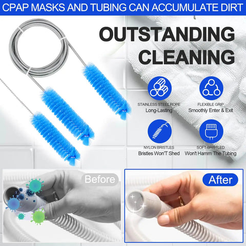 All In One CPAP Cleaning Kit With Cleaner And Hose Brush showing before and after cleaning results with blue brushes