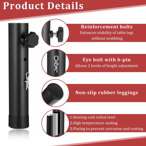 4 Pack Adjustable Table Leg Extenders Heavy Duty Steel Chair Risers with eye bolt and non-slip rubber legs for stability.