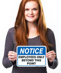 Heavy Duty Reflective Aluminum Employees Only Sign Real Deal Staff Access Warning Plate held by a woman, 10x7 inches, for office use.