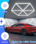 Kickass Ultra Bright LED Garage Light Hexagon Panel 54W 6500K 5940 Lumen Glare Free Ceiling Shop Lighting installed above car.