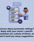 Illustration of support agent offering help with motor parameters, emphasizing 24-hour customer service and technical assistance.