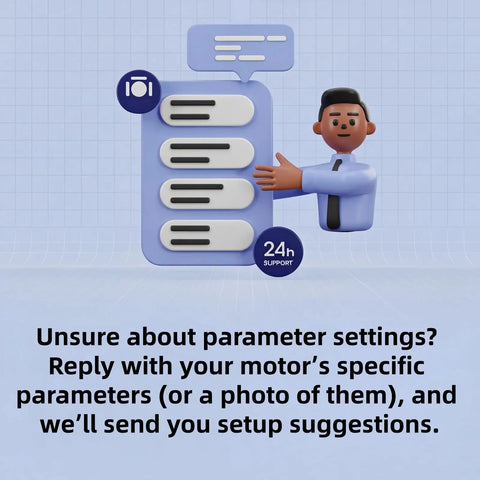 Illustration of support agent offering help with motor parameters, emphasizing 24-hour customer service and technical assistance.