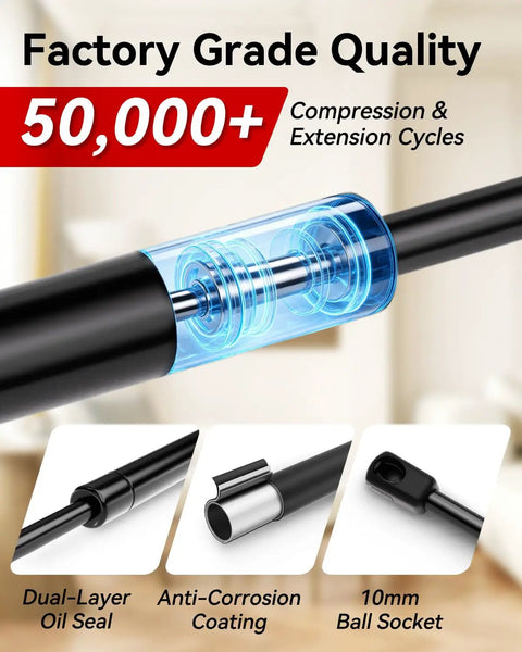 Heavy Duty 7.5 Inch Gas Struts with mounting hardware showcasing dual-layer oil seal, anti-corrosion coating, and 10mm ball socket.