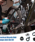 Mechanic working on city bike with 48 Piece Bike Nuts And Safety Washers Kit With M8 M9.5 M10 Sizes for front and rear wheels displayed.