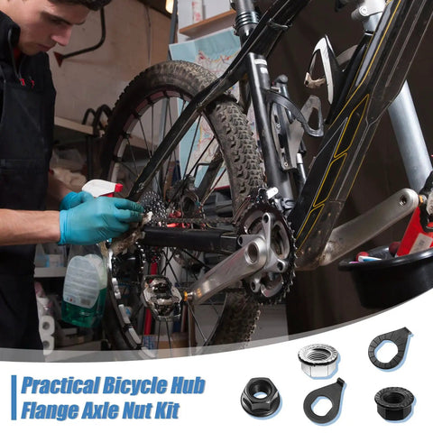 Mechanic working on city bike with 48 Piece Bike Nuts And Safety Washers Kit With M8 M9.5 M10 Sizes for front and rear wheels displayed.