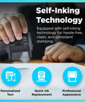 Self Inking Custom Stamp With Up To 6 Lines shown stamping paper, highlighting easy ink cartridge swap feature.