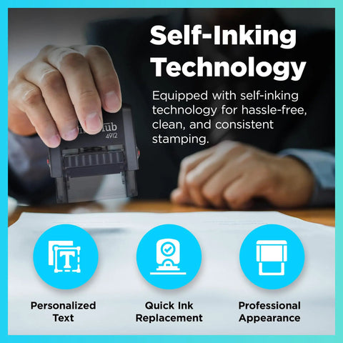 Self Inking Custom Stamp With Up To 6 Lines shown stamping paper, highlighting easy ink cartridge swap feature.