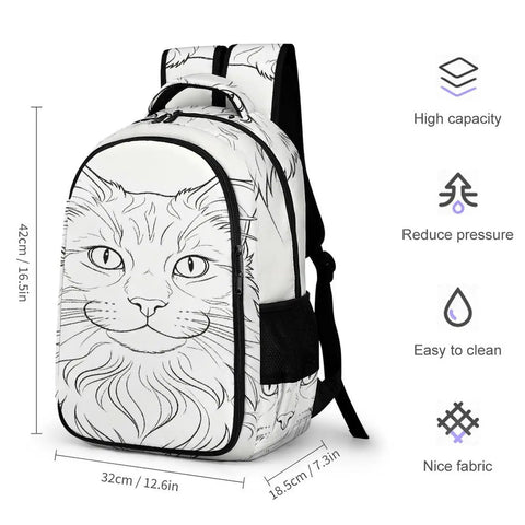 Long Fluffy Hair Feline Outline Print Unisex Backpack With Large Capacity, dimensions 12.6x7.3x16.5in, durable polyester
