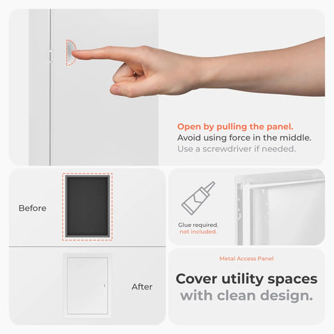 Top Notch 10 X 14 Inch Heavy Duty Metal Indoor Drywall Access Panel In Crisp White being opened, showcasing its installation and design.