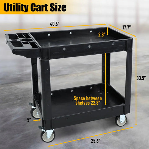 Heavy Duty Rolling Tool Cart With Deep Two Shelves 40 X 17 Inch Plastic Utility Cart On Wheels For Garage Shop And Warehouse 550 Lb Capacity Waterproof And Rustproof With Easy Clean Storage Organizer, black cart with measurements
