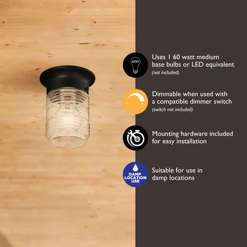 Jelly Jar Flush Mount Ceiling Light For Indoor And Outdoor Use, Matte Black Finish, Damp Rated, Dimmable, Ribbed Clear Glass, Weather-Resistant Steel, E26 Bulb, Dope For Porches, Sunrooms, And Entryways