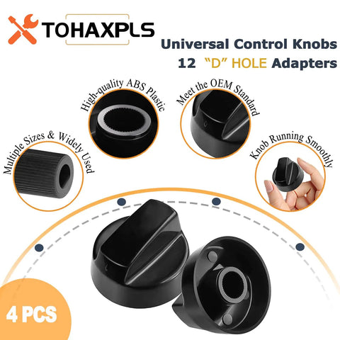 4 Pack Universal Stove Knobs Replacement With 12 Adapters Black Fits Oven Range Controls Includes 4 Long and 8 Short Adapters