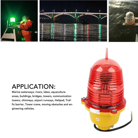 Tower Adjustable Obstruction Light With Flashing AC110V displayed with applications for bridges, runways, helipads, and maritime use.