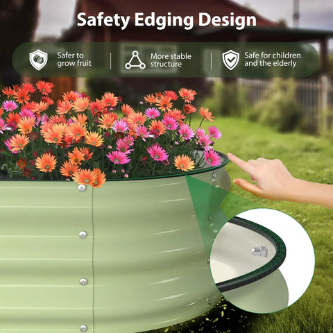 Raised Garden Bed Kit 4x2x1 Ft Beefed Up Galvanized Planter Box With Safety Edging For Outdoor Gardens, showing safety edging and flowers.