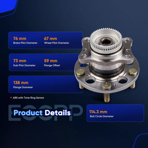 Rear Wheel Bearing And Hub Assembly For 2011 To 2016 Hyundai Elantra Elantra GT Veloster And Kia Forte Koup Five Lug ABS Compatible OE 512492 Replacement Durable OEM Quality Hub For A Smooth Ride with product dimensions shown