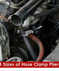 Close-up of automotive engine using 17-Piece Hose Clamp Pliers Set Go-To Long Reach Pliers For Auto Repair And Automotive Fuel Oil Coolant Radiator Hoses Includes Flat Band Angled Swivel Jaw Cross-Slotted Jaw And Hose Removal Tools