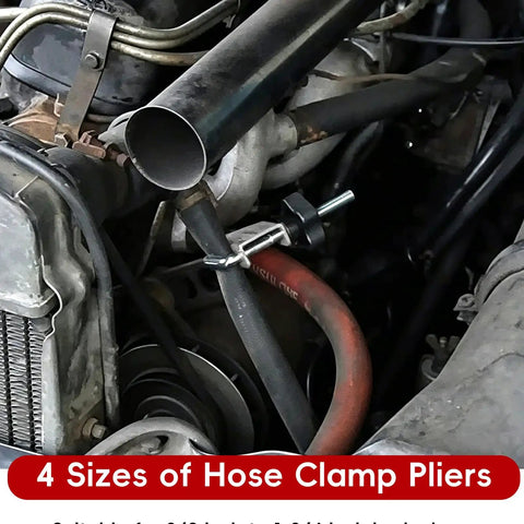 Close-up of automotive engine using 17-Piece Hose Clamp Pliers Set Go-To Long Reach Pliers For Auto Repair And Automotive Fuel Oil Coolant Radiator Hoses Includes Flat Band Angled Swivel Jaw Cross-Slotted Jaw And Hose Removal Tools