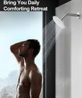 GRANDJOY Shower Faucet Set 10" Rainfall Shower Head Polished Chrome in action; 10" rainfall head delivering water.