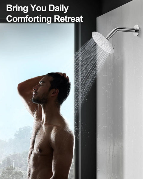 GRANDJOY Shower Faucet Set 10" Rainfall Shower Head Polished Chrome in action; 10" rainfall head delivering water.
