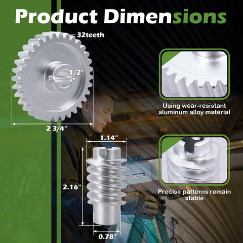 Beefed Up Aluminum Drive And Worm Gear Kit dimensions diagram with CNC-machined aluminum gear details for garage door systems.