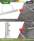 Comparison of 20 Inch Wide Lawn Dethatcher Rake With Long Handle, 19 Curved Tines, and aluminum frame versus regular rake