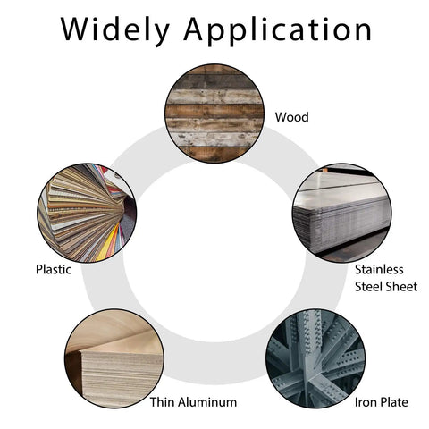 Various materials including wood, plastic, stainless steel, aluminum, and iron plate usage for 10 Piece Hole Saw Set With Carbide Bits And Titanium Plated Center Drill For Stainless Steel, Metal, Iron, Wood, Plastic, Aluminum And FRP, Includes Storage Case, Sizes 5/8 Inch To 2 1/8 Inch