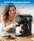 Woman using 20 Bar Espresso Machine With Temperature Control Compact Home Coffee Maker With Steam Milk Frother For Cappuccino And Latte Lovers Barista Grade Brew At Home For Real Coffee Fans in black on kitchen counter.