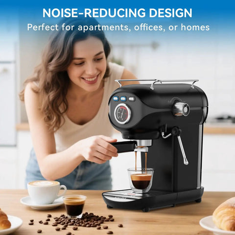 Woman using 20 Bar Espresso Machine With Temperature Control Compact Home Coffee Maker With Steam Milk Frother For Cappuccino And Latte Lovers Barista Grade Brew At Home For Real Coffee Fans in black on kitchen counter.