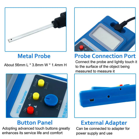 Handheld Surface Magnetic Field Gaussmeter With Ns Function And Metal Probe details including probe, button panel, adapter