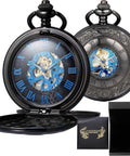 Skeleton Pocket Watch With Mechanical Movement And Double Cover Roman Numeral Dial Standable Half Hunter Photo Insert Vintage Smart Style For Men And Women Box And Chain Included, displaying detailed blue skeleton dial.